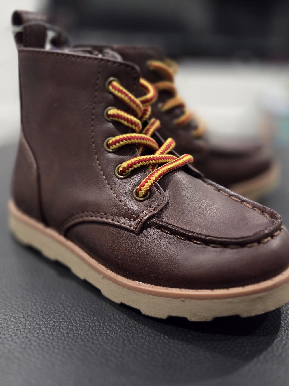 Cat & Jack Brown Leather Kids Lace-Up Boots with Red and Yellow Laces